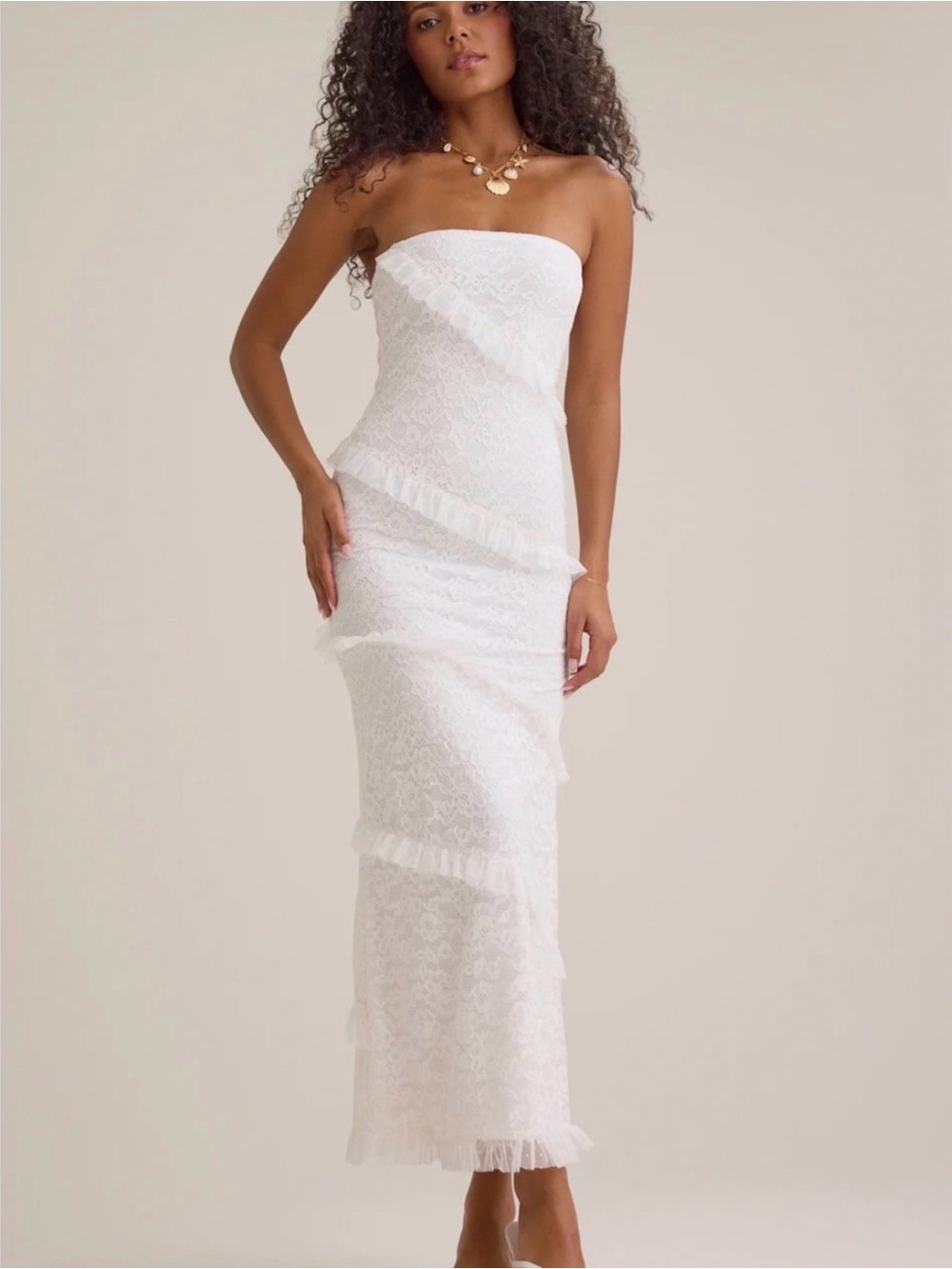 Altar'd State White Strapless Lace Ruffle Midi Dress